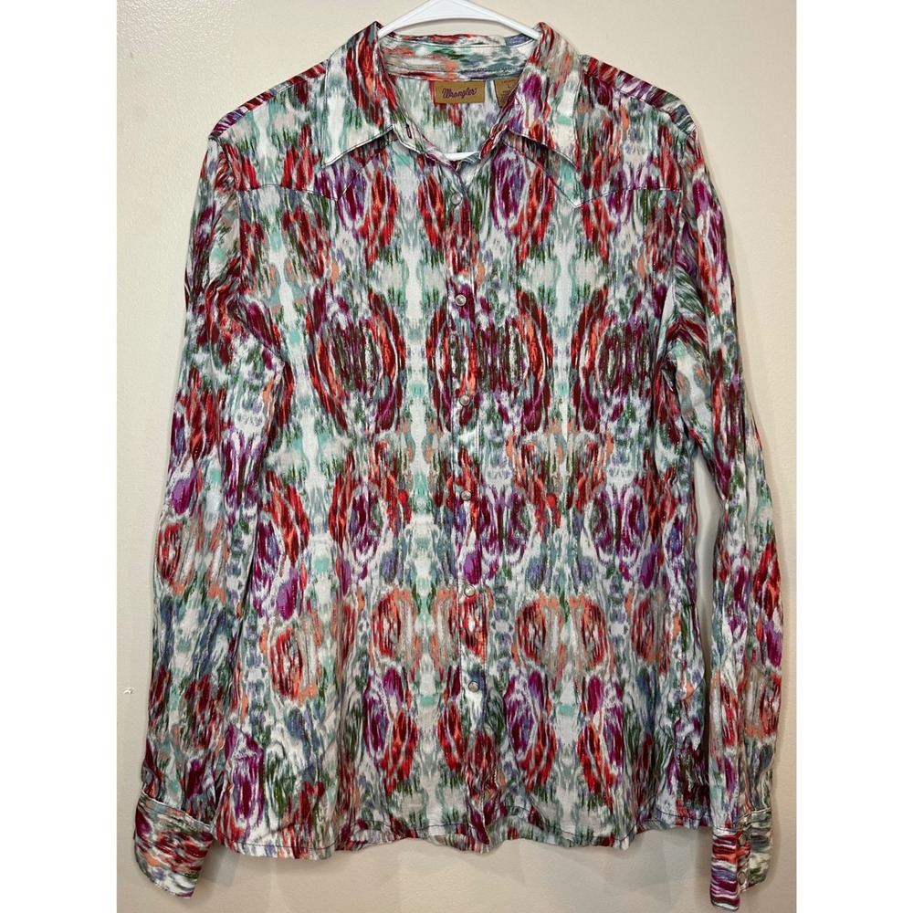 Wrangler Womens‎ Western Pearl Snap Shirt Large Ikat Print Metallic Multi-Color